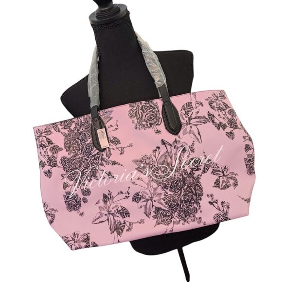 New VICTORIAS SECRET Pink Tote Bag with Black Floral Pattern Bag Purse With Tag - Picture 2 of 14